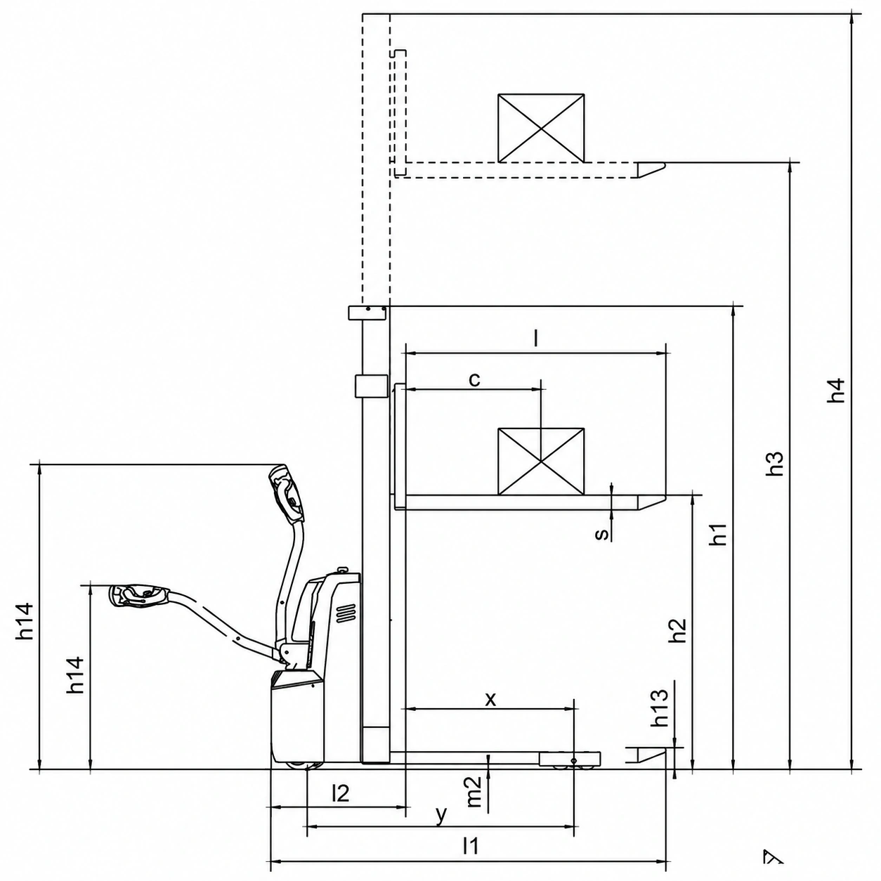 Technische tekening van elektrische meeloopstapelaar EVV10B, EVV12B en EVV15B