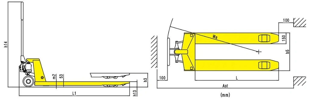 Afmetingen van de economische handpalletwagen RPV2000E 2000 kg