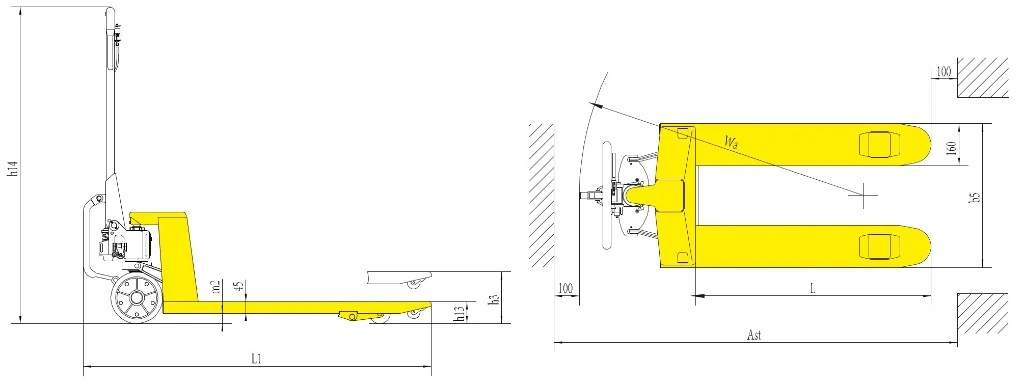 Afmetingen van de handpalletwagen met mechanische rijondersteuning RPVM2500