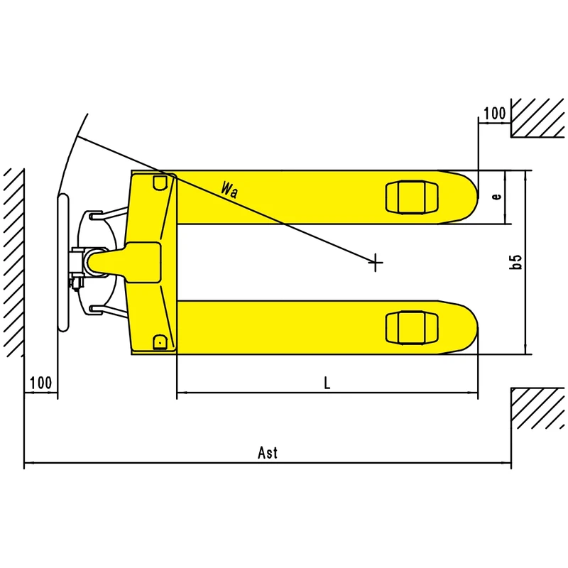 Bovenaanzicht met afmetingen van de smalle handpalletwagen RPV2000UV