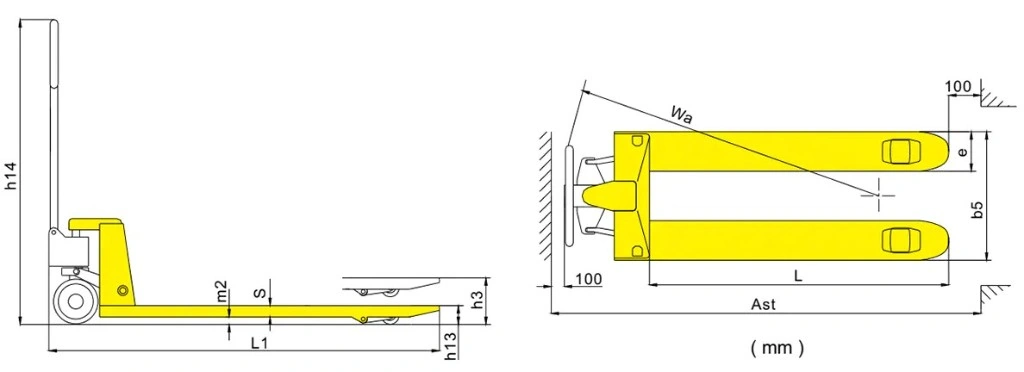 Afmetingen van de standaard handpalletwagen RPV2500STD/RPV3000STD