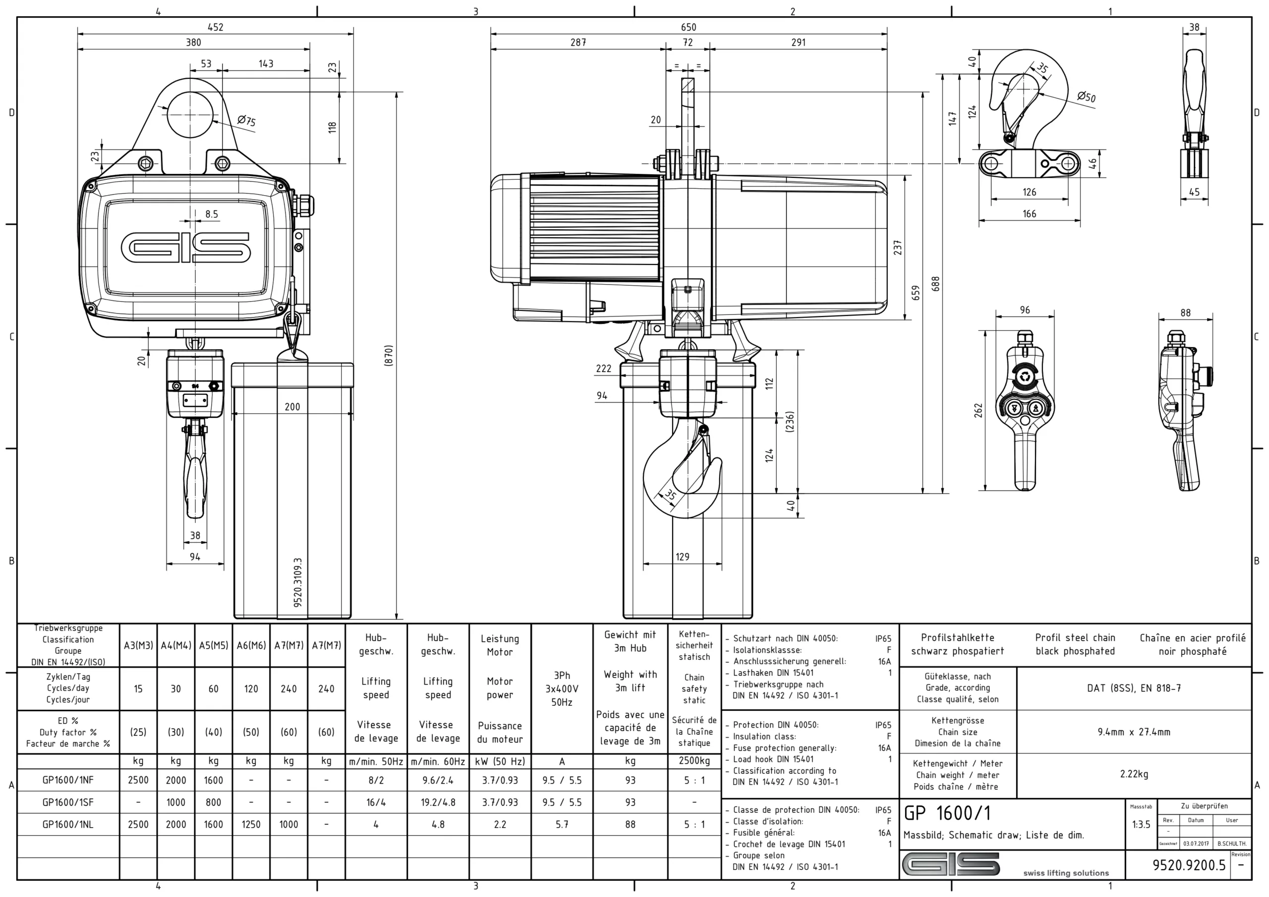 GIS GP1600 elektrische kettingtakel, detailaanzicht