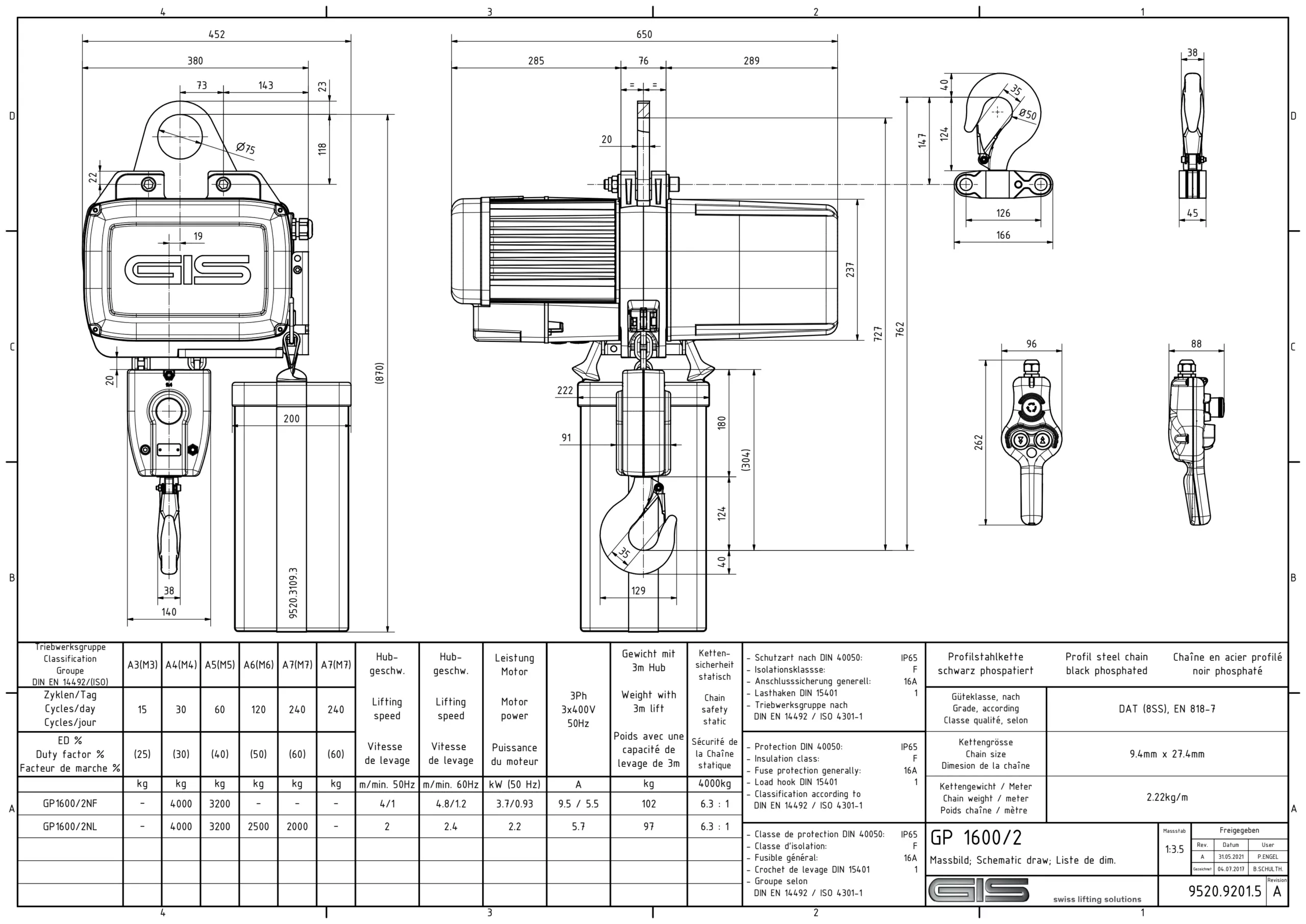 GIS GP1600 elektrische kettingtakel, technisch aanzicht