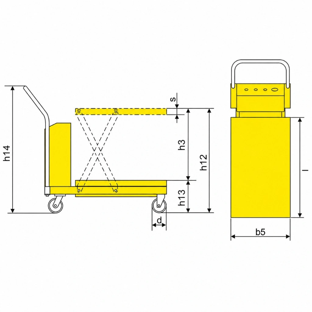 Afmetingen van de semi-elektrische mobiele schaarheftafel PMPS500 500 kg