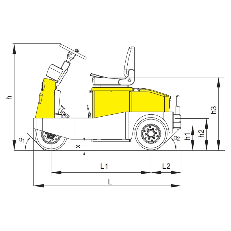 Zijaanzicht van elektrische zit-trektractor VEV