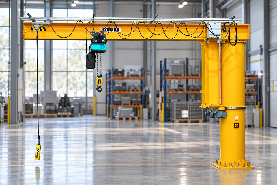 Comege RSD volledig draaibare kolomzwenkkraan met elektrische kettingtakel in een industriële hal